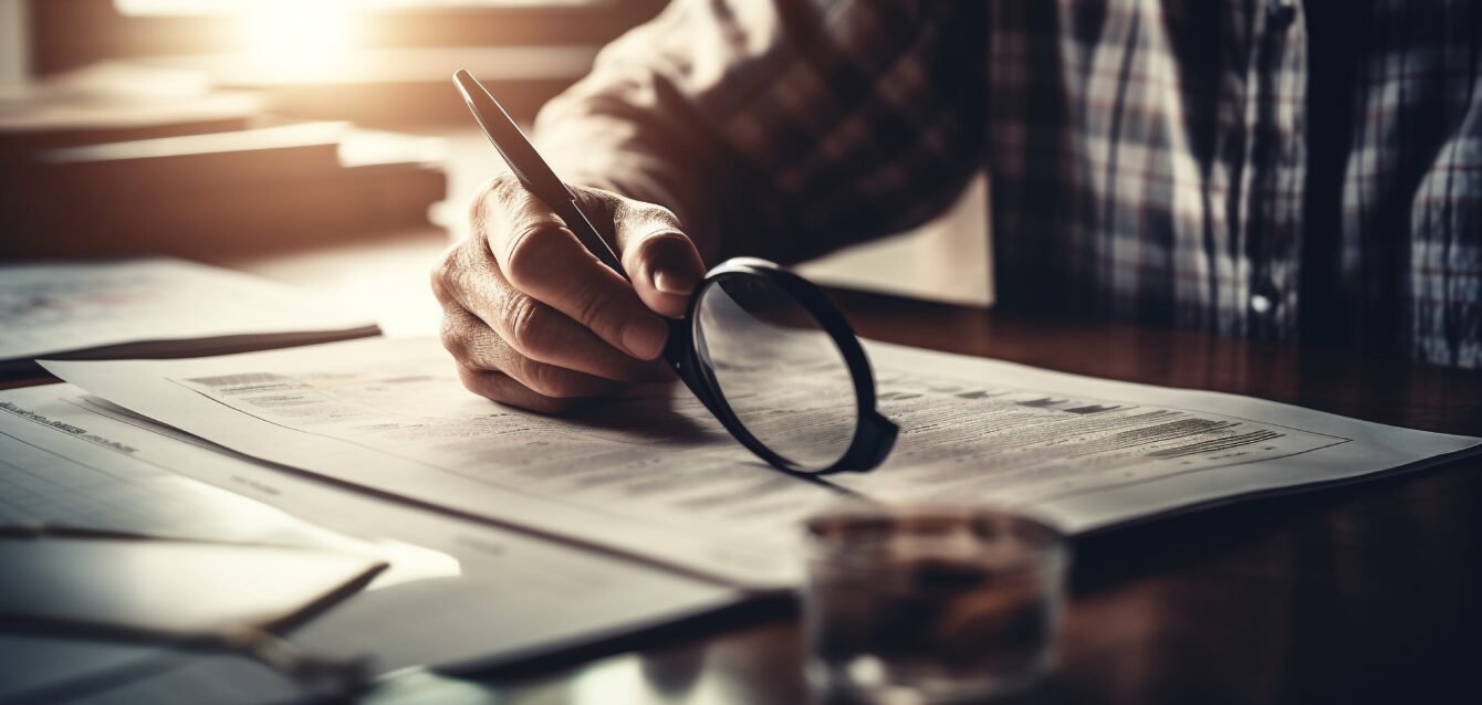 Young businessman analyzing data, holding magnifying glass generated by AI