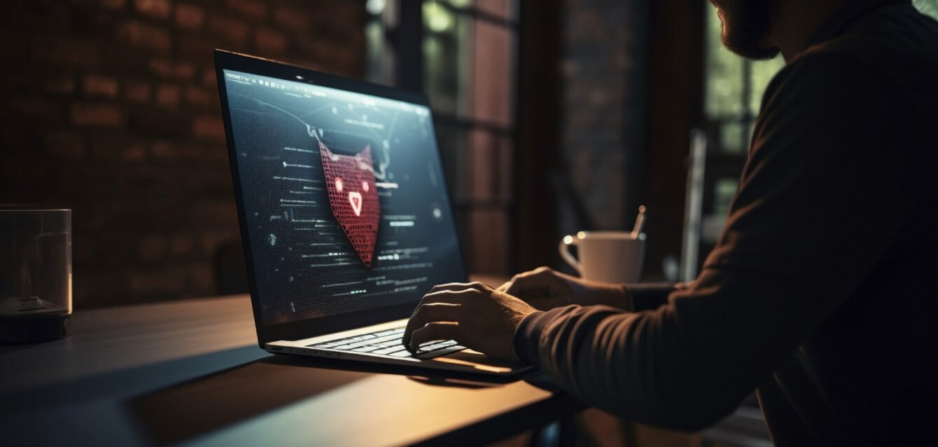 Young adult businessman sitting at desk typing generated by AI Young adult businessman sitting at desk typing generated by AI