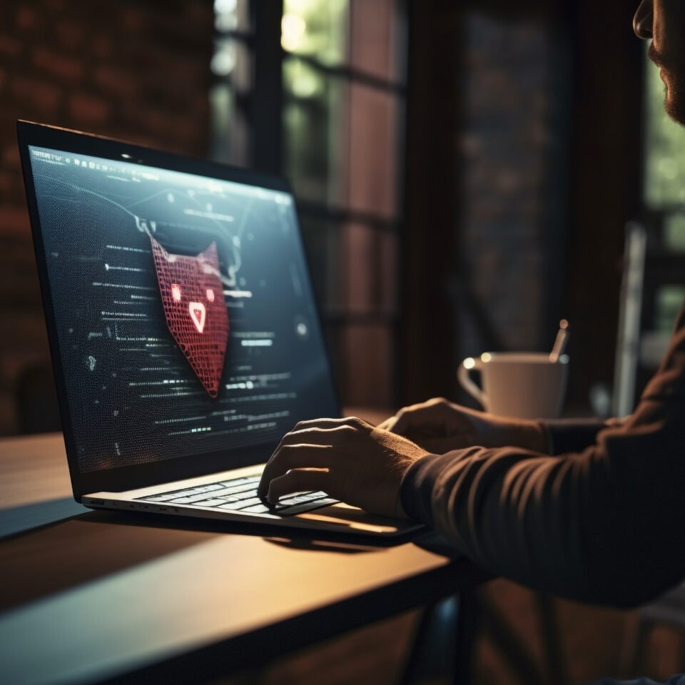 Young adult businessman sitting at desk typing generated by AI